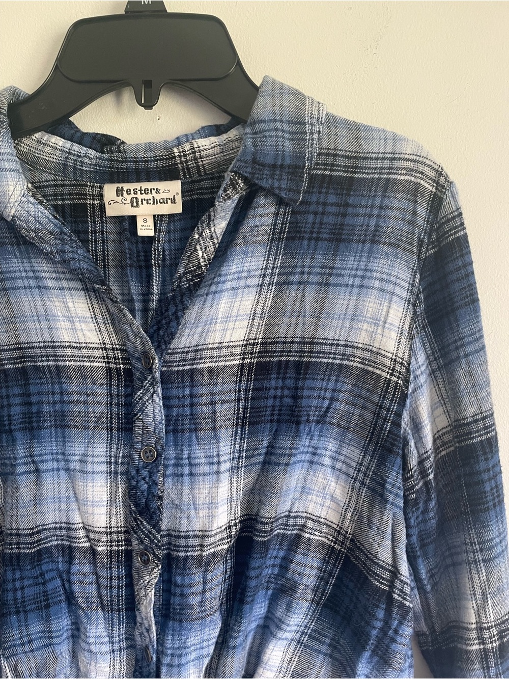 Hester & Orchard Blue White Plaid Button Up Shirt Roll Tab Long Sleeve Shirt Top - Picture 4 of 7